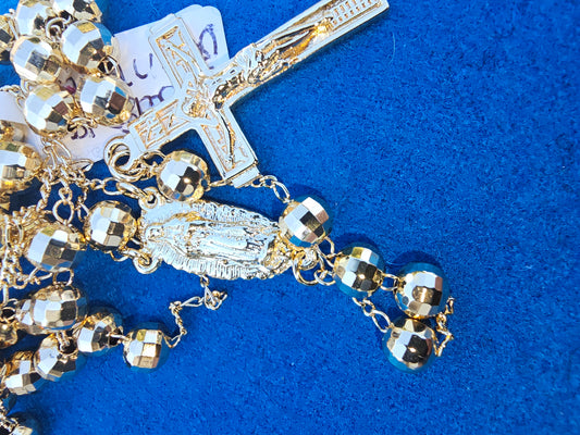 ROSARIO 24" BOLA GRANDE DE ESTILO CORTE DIAMANTE CON VIRGEN DE GUADALUPE BAñADO EN ORO DE 14K UNISEX. 0001
