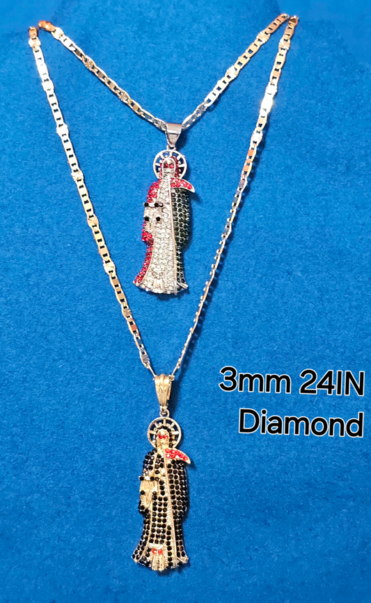 CADENA DE 3.5 MM Y 24 PULGADAS  ESTILO DIAMANTE CORTADO Y DIJE DE LA SANTA MUERTE DISPONIBLE EN 4 DIFERENTES COLORES Y AMBOS BA164ADOS EN ORO DE 14K