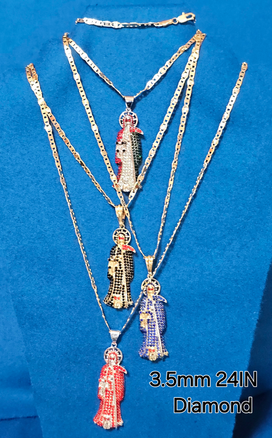 CADENA DE 3.5 MM Y 24 PULGADAS  ESTILO DIAMANTE CORTADO Y DIJE DE LA SANTA MUERTE DISPONIBLE EN 4 DIFERENTES COLORES Y AMBOS BA164ADOS EN ORO DE 14K