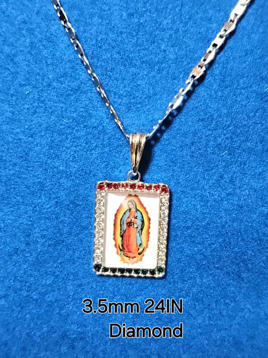 CONJUNTO DE CADENA 3.5MM 24" CON DISEñO CORTE DE DIAMENTE Y DIJE VIRGEN DE GUADLUPE BAñADOS EN ORO DE 14K