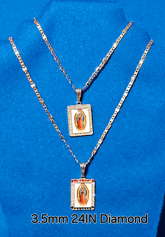 CONJUNTO DE CADENA 3.5MM 24" CON DISEñO CORTE DE DIAMENTE Y DIJE VIRGEN DE GUADLUPE BAñADOS EN ORO DE 14K