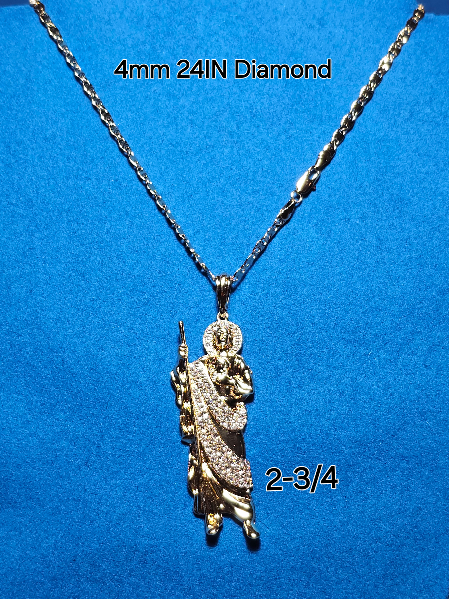 CONJUNTO DE CADENA 24" ESTILO DIAMANTE CORTADO 4MM  Y DIJE JUDAS TADEO  BAñADOS EN ORO DE 14K DISPONIBLE EN 2 ESTILOS