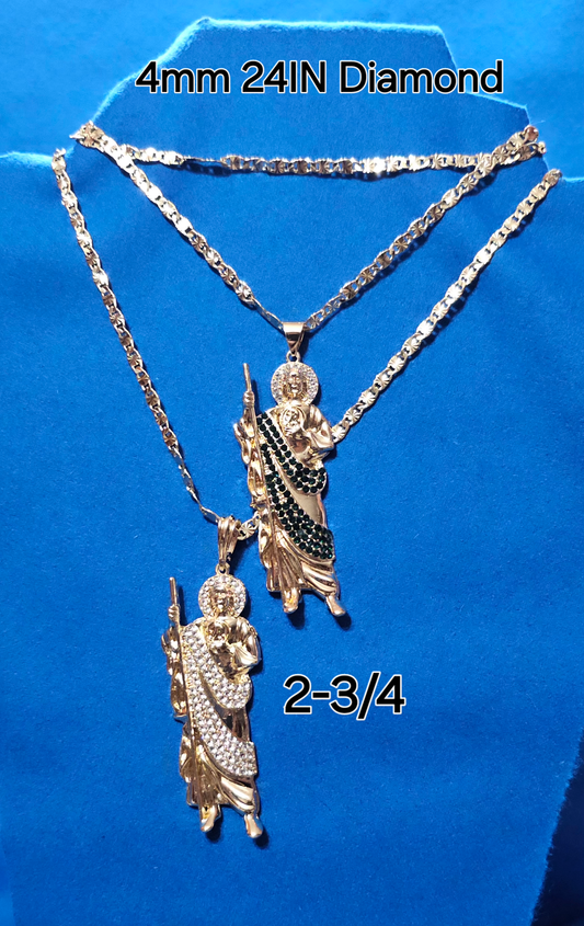 CONJUNTO DE CADENA 24" ESTILO DIAMANTE CORTADO 4MM  Y DIJE JUDAS TADEO  BAñADOS EN ORO DE 14K DISPONIBLE EN 2 ESTILOS