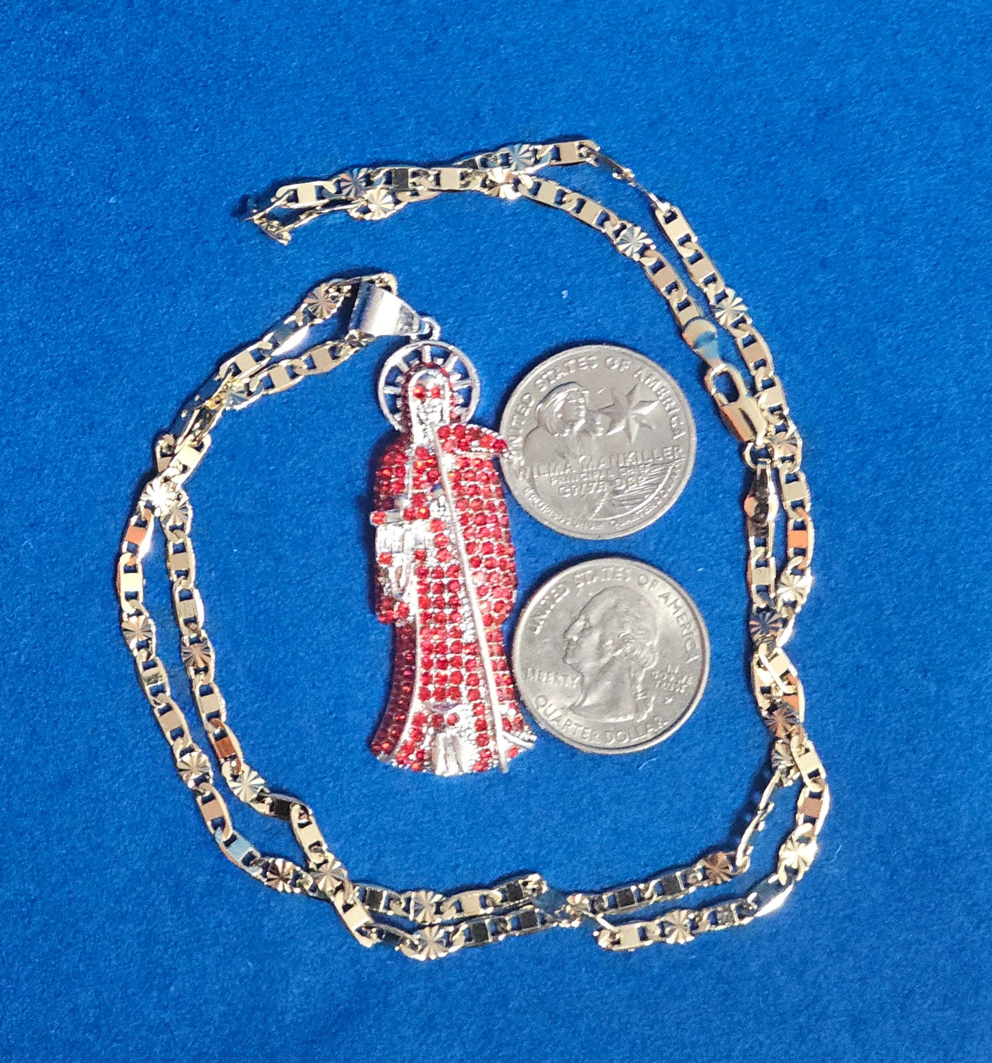 CADENA DE 3.5 MM Y 24 PULGADAS  ESTILO DIAMANTE CORTADO Y DIJE DE LA SANTA MUERTE DISPONIBLE EN 4 DIFERENTES COLORES Y AMBOS BA164ADOS EN ORO DE 14K