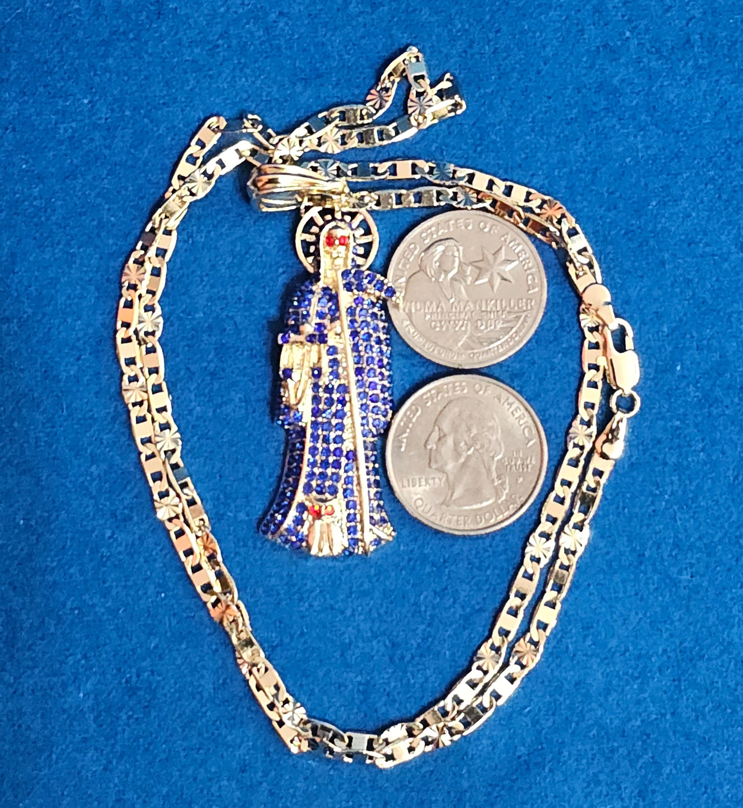 CADENA DE 3.5 MM Y 24 PULGADAS  ESTILO DIAMANTE CORTADO Y DIJE DE LA SANTA MUERTE DISPONIBLE EN 4 DIFERENTES COLORES Y AMBOS BA164ADOS EN ORO DE 14K