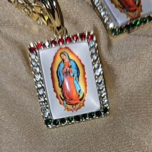 CHAIN SET 3.5MM 24-INCH LONG DIAMOND CUT style and PENDANT VIRGEN DE GUADALUPE 14 KARAT GOLD FILLED