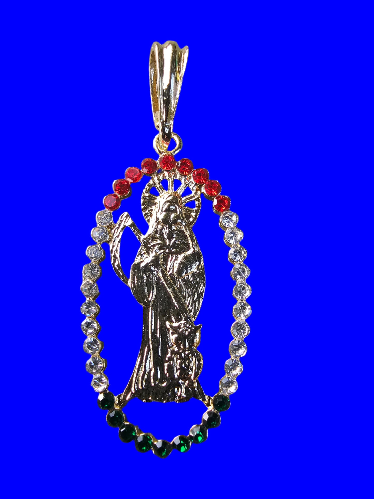 DIJE SANTA MUERTE EN VARIEDAD DE CZ DE COLORES Y BAñADO EN ORO DE 14K Y EN UN TAMAñ DE 2"- 21303
