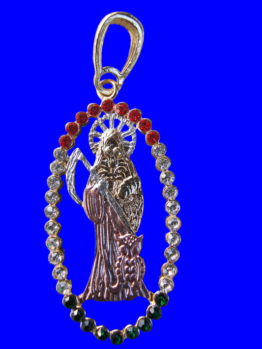 DIJE SANTA MUERTE EN VARIEDAD DE CZ DE COLORES Y BAñADO EN ORO DE 14K Y EN UN TAMAñ DE 2"- 21303